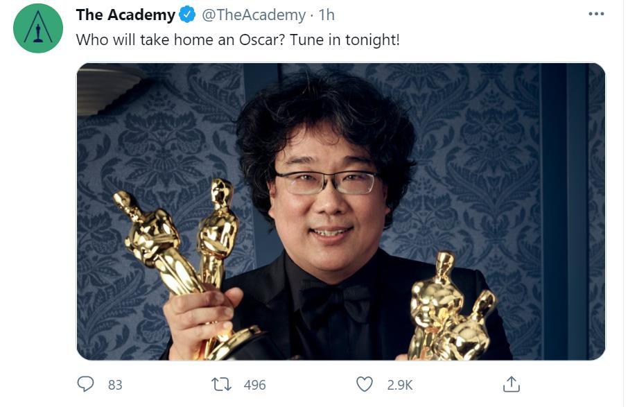 The Academy Awards shares a tweet featuring director Bong Joon-ho (Twitter)