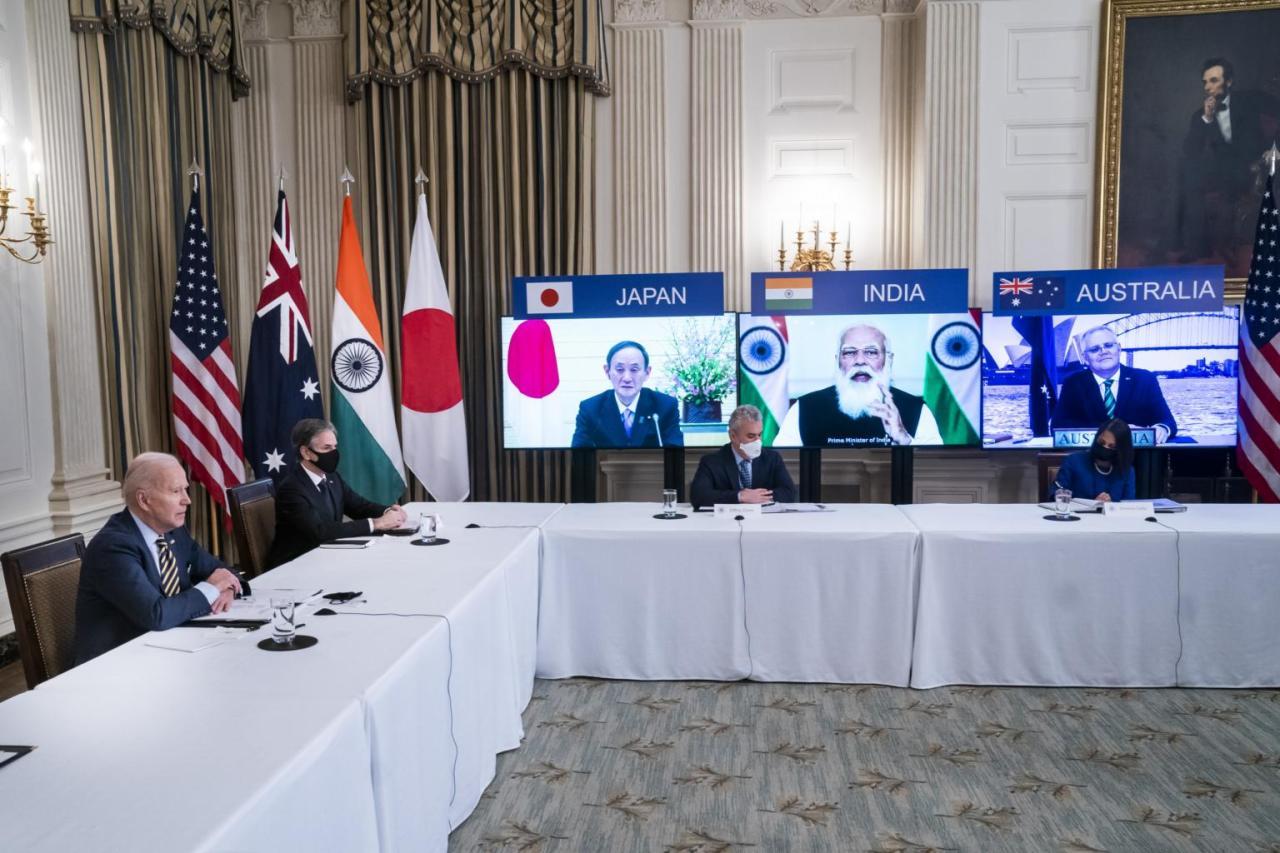 US President Joe Biden, Indian Prime Minister Narendra Modi, Australian Prime Minister Scott Morrison and Japanese Prime Minister Yoshihide Suga participate in a virtual Quad summit, March 12, 2021. (Reuters-Yonhap)