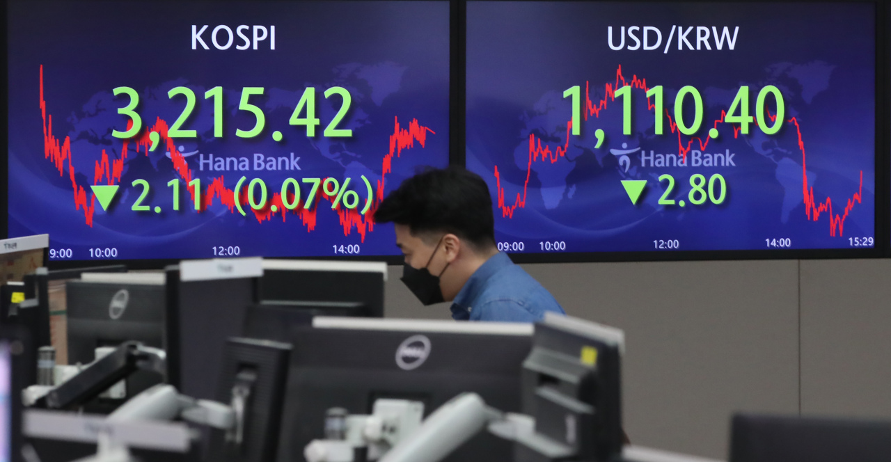 The benchmark Korea Composite Stock Price Index (Kospi) figures are displayed at a dealing room of a local bank in Seoul, Tuesday. (Yonhap)