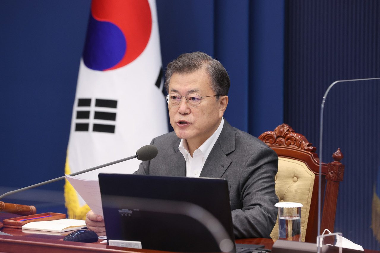 President Moon Jae-in speaks during a Cabinet meeting at the presidential office in Seoul on March 30, 2021. (Yonhap)