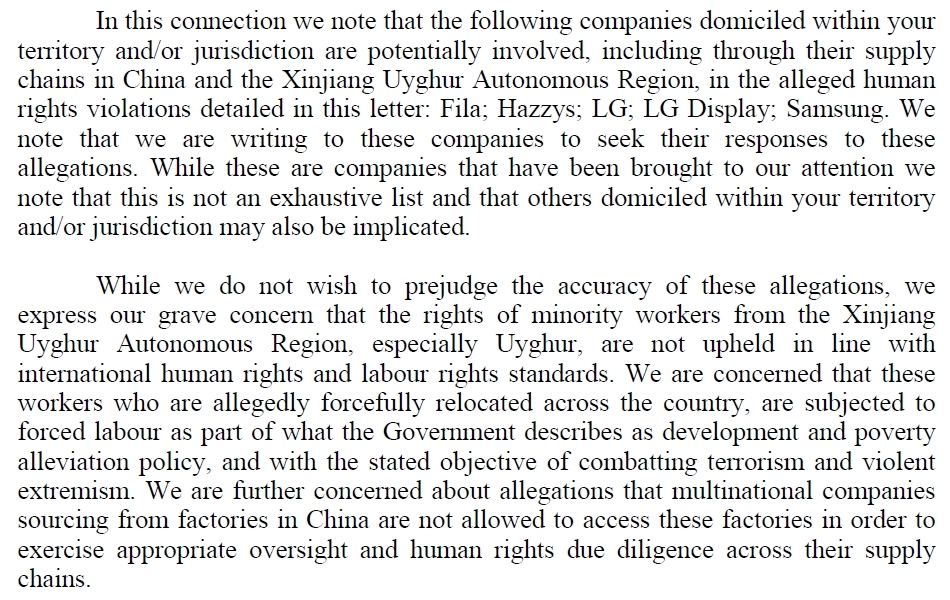 A letter posted on the website of the Office of the UN High Commissioner for Human Rights on May 12 accuses Korean firms, including Samsung and LG, of sourcing items from Xinjiang, China. (The Office of the UN High Commissioner for Human Rights)