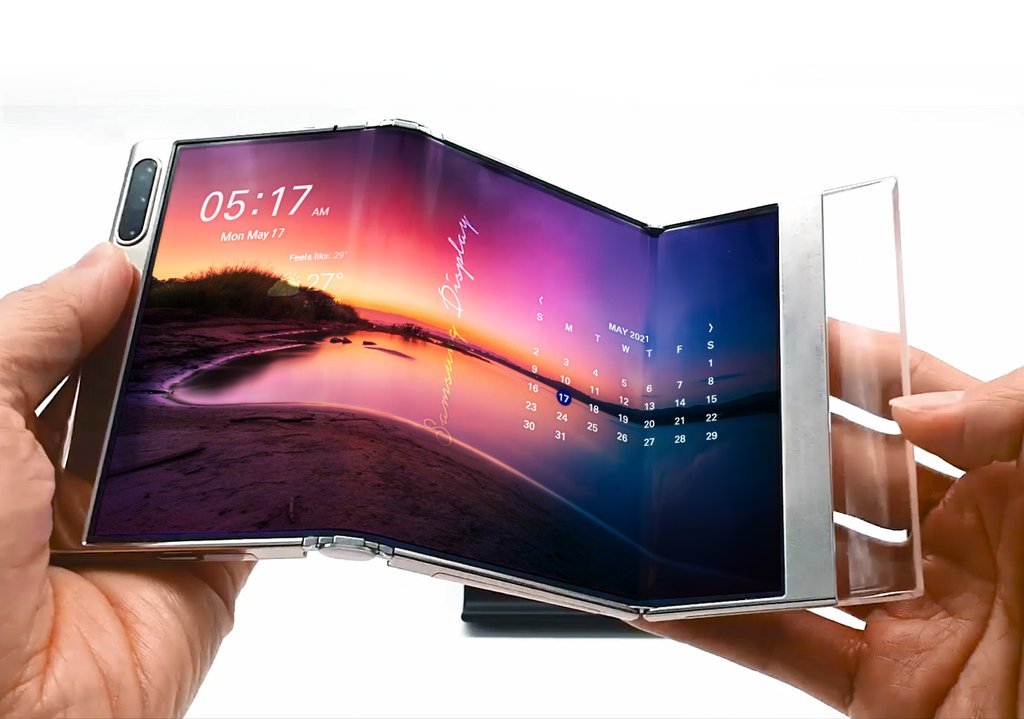 This photo, provided by Samsung Display Co. on Monday, shows the company's multiple-folding display technology to be introduced at the SID Display Week 2021 online event. (Samsung Display Co.)