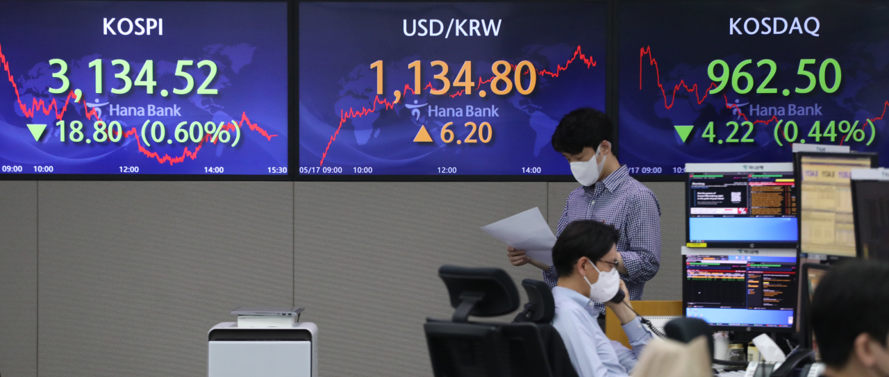 Electronic signboards at the trading room of Hana Bank in Seoul show the benchmark Kospi closed at 3,134.52 on Monday, down 18.80 points or 0.6 percent from the previous session's close. (Yonhap)