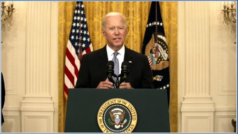 The image captured from the website of the White House shows US President Joe Biden delivering remarks on COVID-19 pandemic at the White House in Washington on Monday. (Yonhap)