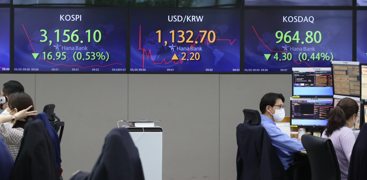 The benchmark Korea Composite Stock Price Index (Kospi) figures are displayed at a dealing room of a local bank in Seoul, Thursday. (Yonhap)