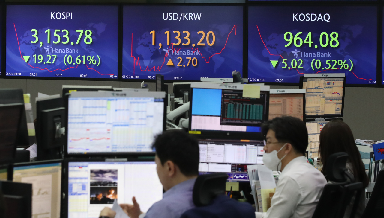 An electronic board shows the movement of the Kospi, foreign exchange rates and Kosdaq at Hana Bank’s dealing room in Seoul on Thursday morning. (Yonhap)