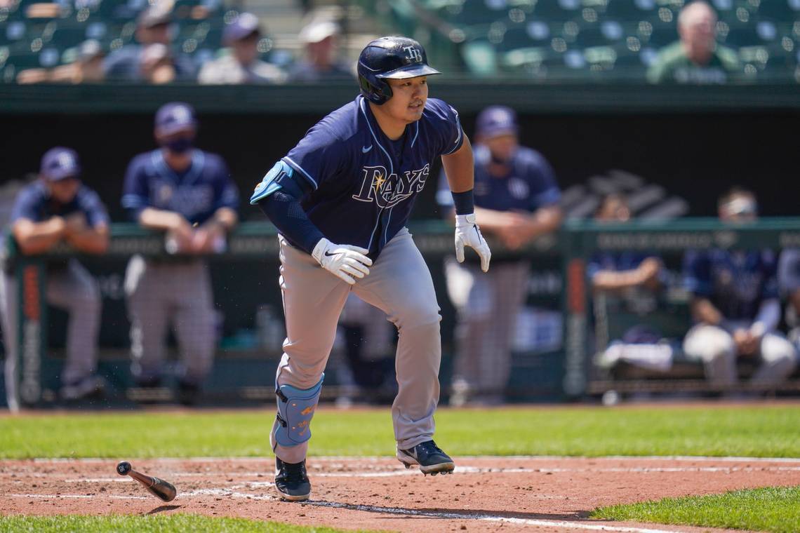 In this Associated Press photo, Choi Ji-man of the Tampa Bay Rays heads to first after hitting a single against the Baltimore Orioles in the top of the sixth inning of a Major League Baseball regular season game at Oriole Park at Camden Yards in Baltimore on Thursday. (AP-Yonhap)