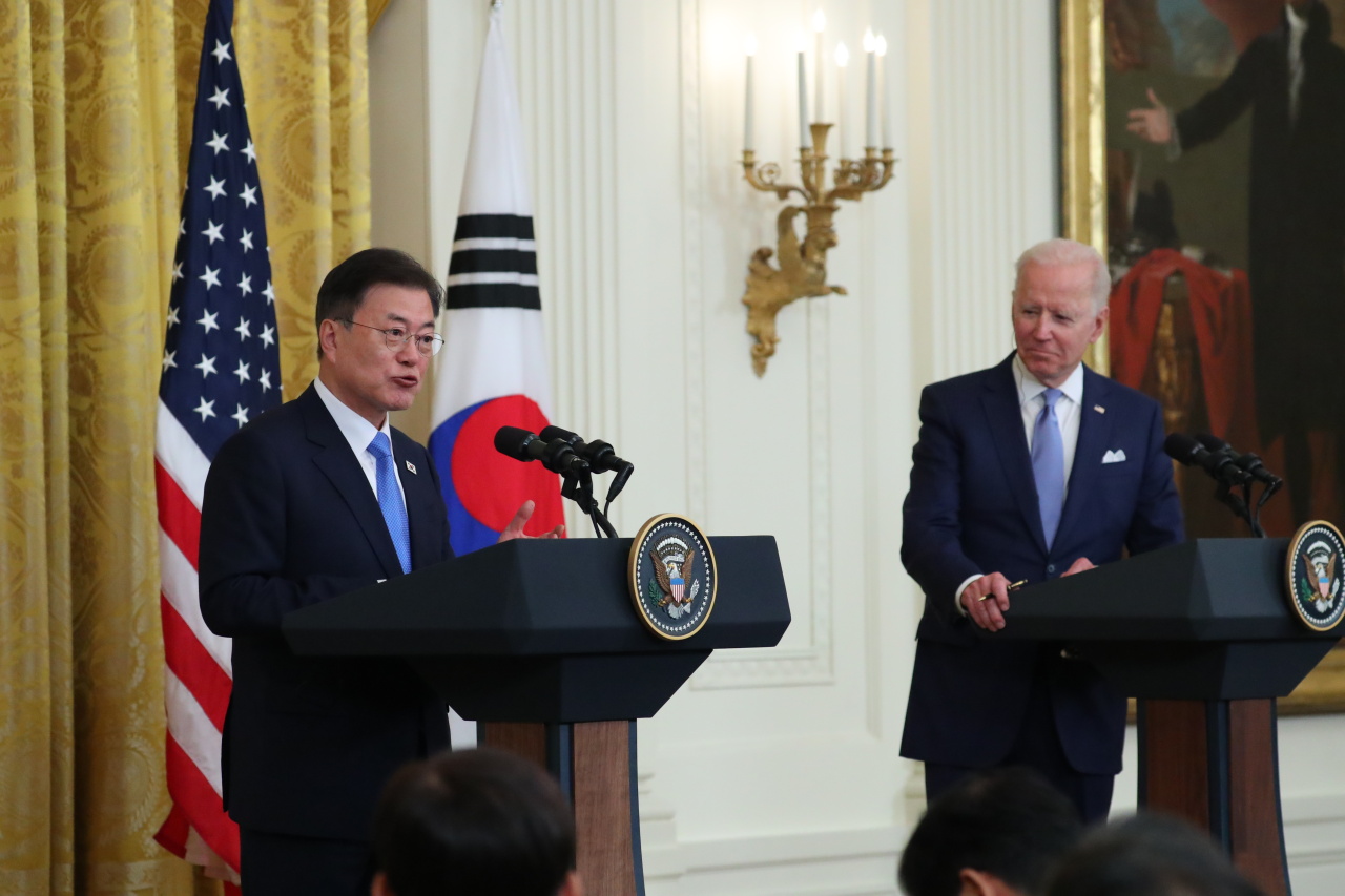 President Moon Jae-in speaks at a news conference after summit talks with US President Joe Biden at the White House on Friday. (Joint Press Corps)