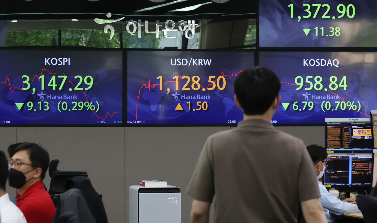 The benchmark Korea Composite Stock Price Index (Kospi) figures are displayed at a dealing room of a local bank in Seoul, Monday. (Yonhap)