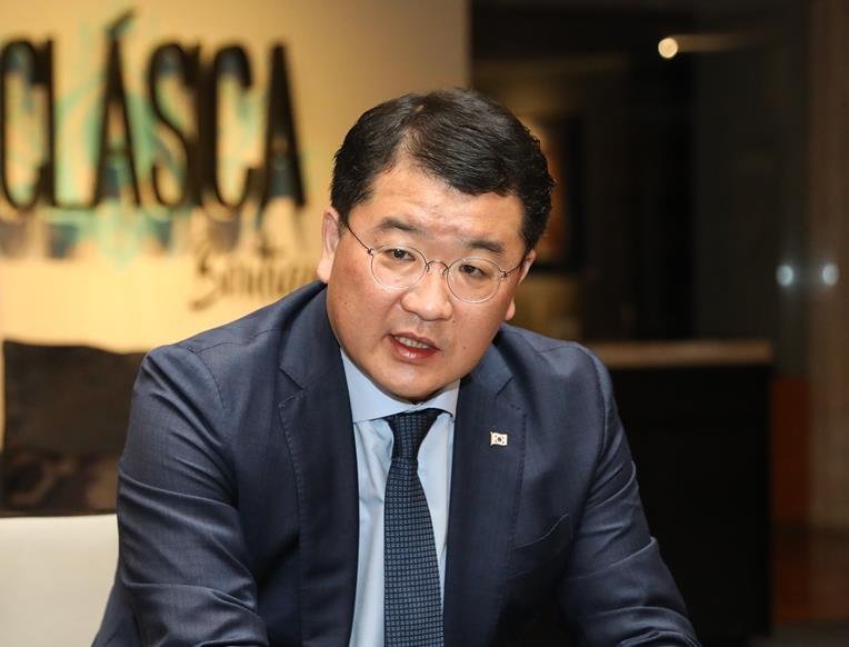 First Vice Foreign Minister Choi Jong-kun speaks during an interview with Yonhap News Agency in Mexico City, Mexico, on April 25, 2021, in this photo provided by Seoul's foreign ministry. (Ministry of Foreign Affairs)