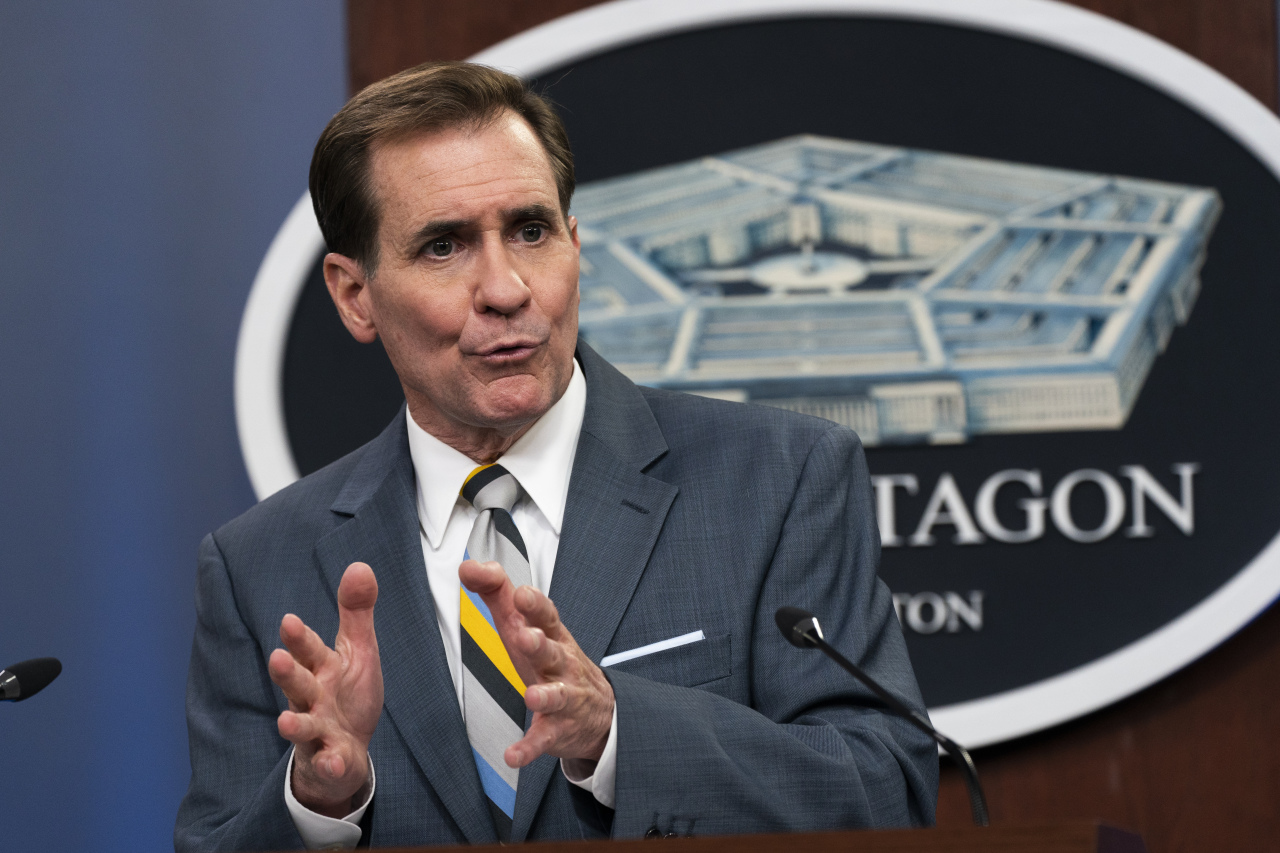 Pentagon spokesman John Kirby speaks during a briefing at the Pentagon in Washington, May 5, 2021. (AP-Yonhap)