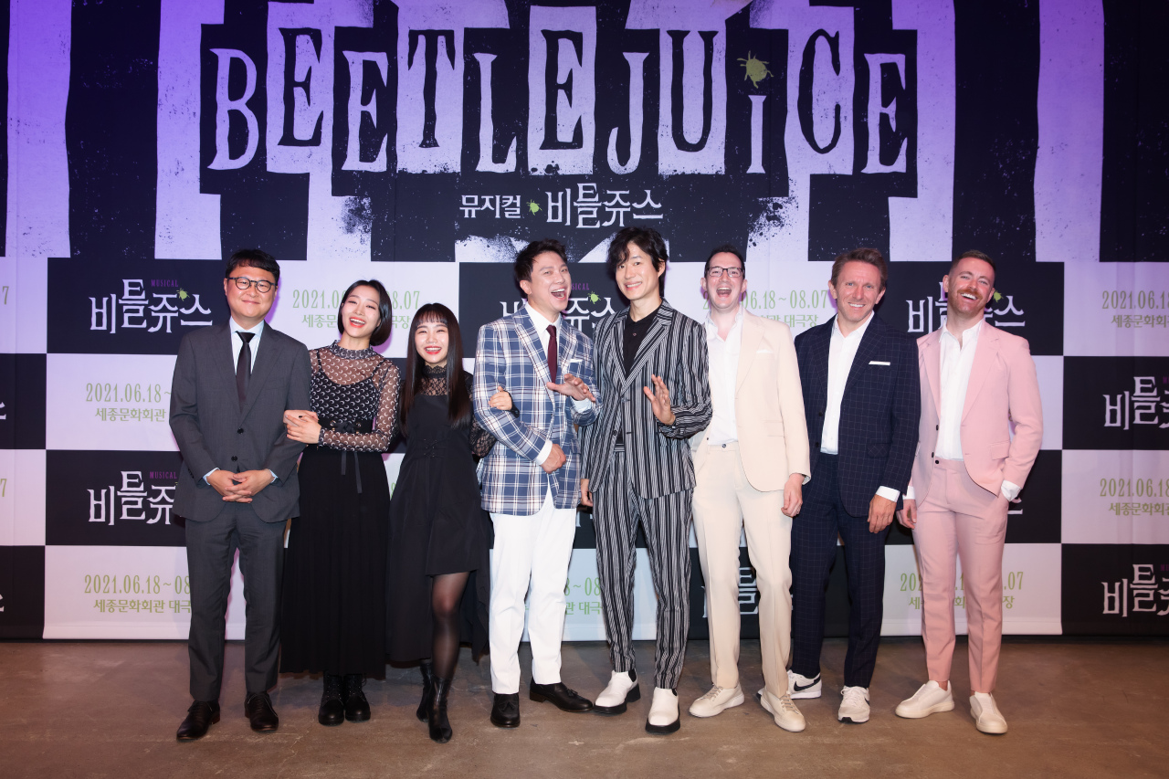 Cast members and production staff of musical “Beetlejuice” pose for photos after a press event held Monday. (CJ ENM)