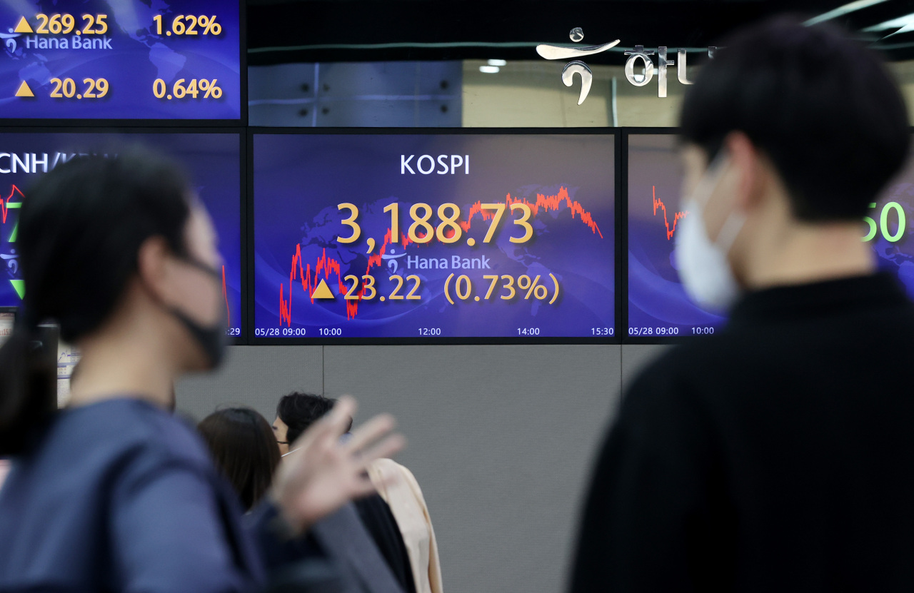 The benchmark Korea Composite Stock Price Index (Kospi) figures are displayed at a dealing room of a local bank in Seoul, Friday. (Yonhap)