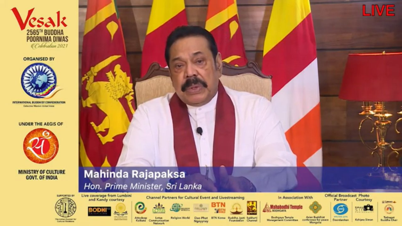 A screenshot of Sri Lankan Prime Minister Mahinda Rajapakshe attending the online event hosted by International Buddhist Confederation on Wednesday.(IBC)