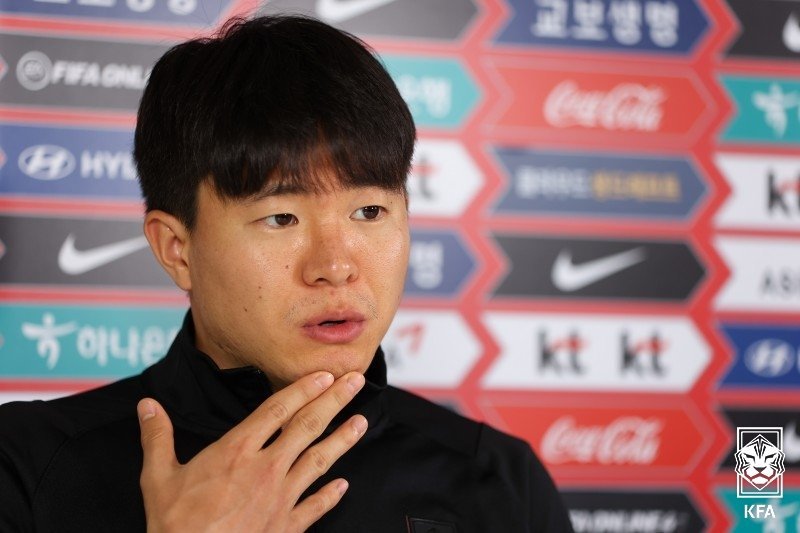 Kwon Chang-hoon of the South Korean men's national football team speaks during an online interview conducted at the National Football Center in Paju, Gyeonggi Province, on Wednesday, in this photo provided by the Korea Football Association. (Korea Football Association)