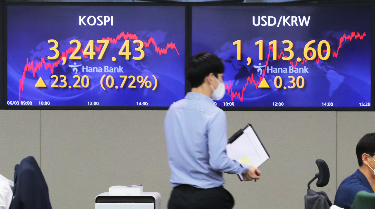 The benchmark Korea Composite Stock Price Index (Kospi) figures are displayed at a dealing room of a local bank in Seoul, Friday. (Yonhap)