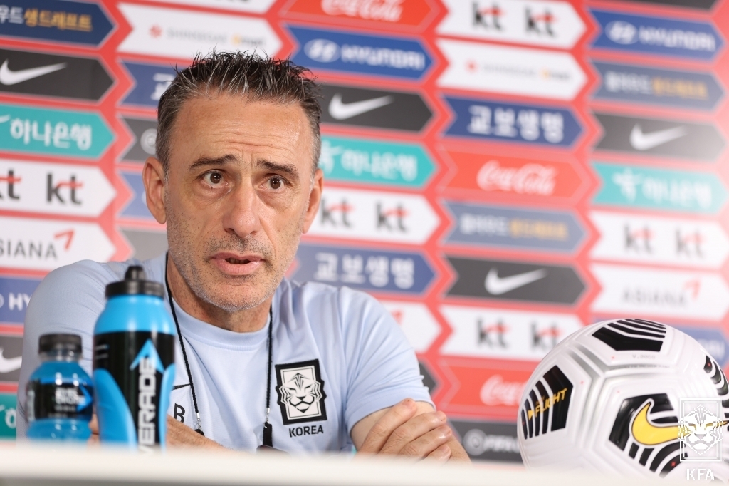 Paulo Bento, head coach of the South Korean men's national football team, speaks at an online press conference at the National Football Center in Paju, Gyeonggi Province, on Tuesday, in this photo provided by the Korea Football Association. (Korea Football Association)