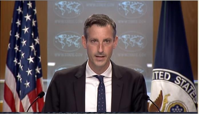 The image captured from the website of the US Department of State shows spokesman Ned Price answering questions in a press briefing at the State Department in Washington on Wednesday. (US Department of State)