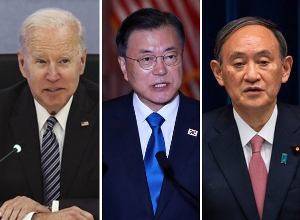 South Korean President Moon Jae-in (C), US President Joe Biden (L) and Japanese Prime Minister Yoshihide Suga in a combination of file photos of EPA, Yonhap News Agency and AFP. (EPA-Yonhap, Yonhap, AFP-Yonhap)