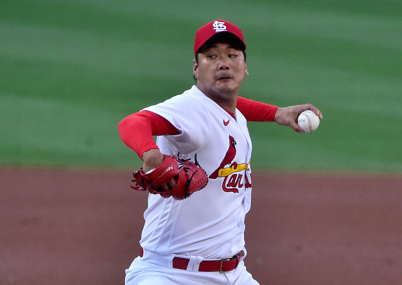 In this USA Today Sports photo via Reuters, Kim Kwang-hyun of the St. Louis Cardinals pitches against the Miami Marlins in the top of the first inning of a Major League Baseball regular season game at Busch Stadium in St. Louis on Tuesday. (USA Today Sports)