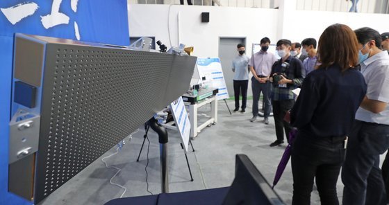 This file photo, taken Aug. 5, 2020, shows a mini satellite on display at the Agency for Defense Development's testing center in Taean, 150 kilometers southwest of Seoul. (Yonhap)