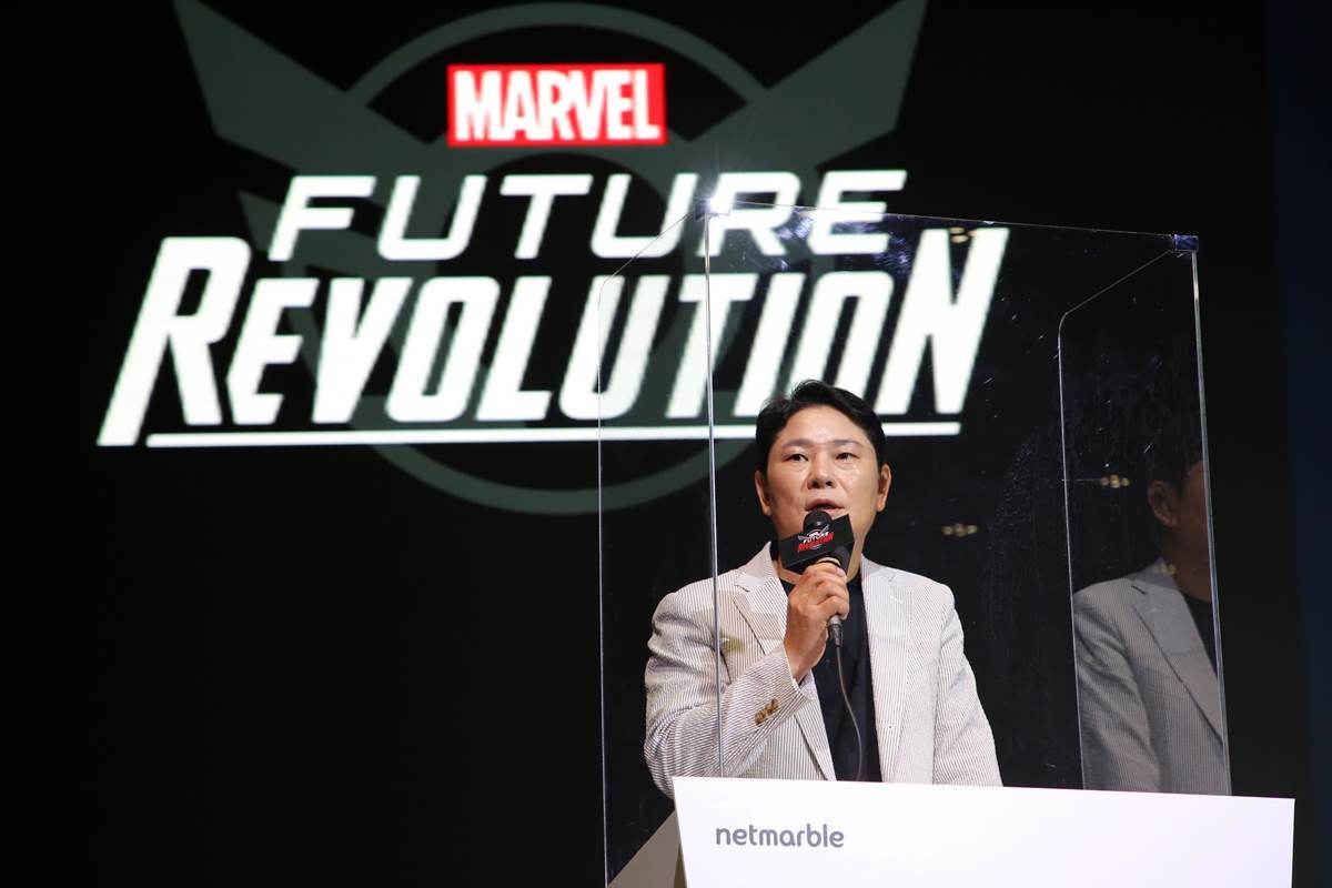 Netmarble CEO Kwon Young-sik speaks at a media showcase held at company headquarters in Guro-gu, western Seoul, Tuesday. (Netmarble)