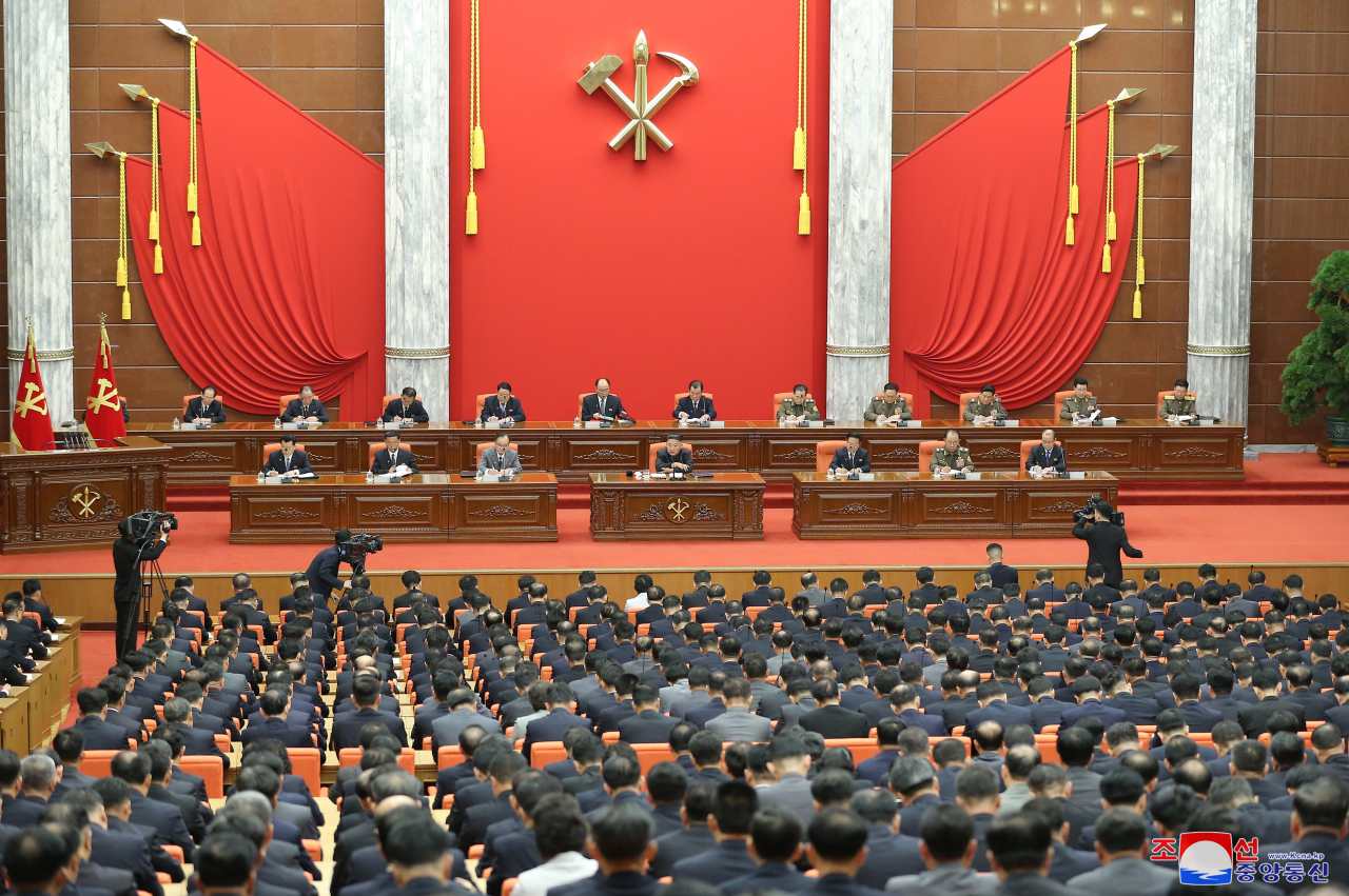 The Workers' Party's politburo meeting takes place in Pyongyang on Tuesday, with North Korean leader Kim Jong-un in attendance, in this photo provided by the Korean Central News Agency (KCNA). 