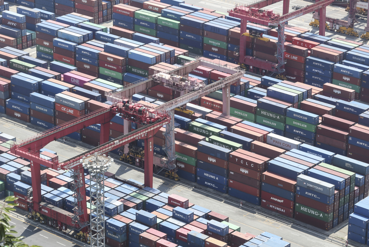 This photo taken last Thursday, shows containers at Busan Port, located in the southeastern city of Busan. (Yonhap)