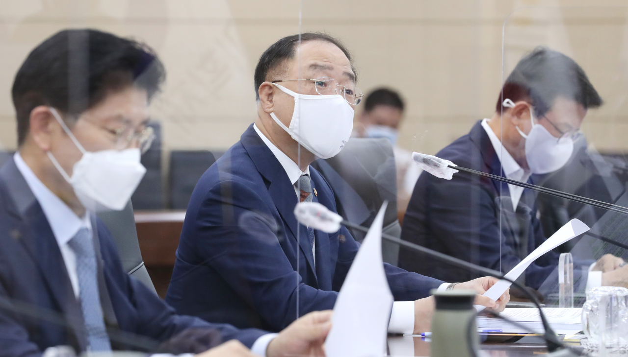 Finance Minister Hong Nam-ki speaks during an economic ministers meeting held at the government complex in Sejong, Monday. (Ministry of Economy and Finance)