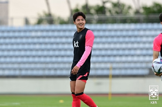 This June 1, 2021, file photo provided by the Korea Football Association shows Seol Young-woo of the men's Olympic football team during practice at Kang Chang-hak Stadium in Seogwipo, Jeju Island. (Korea Football Association)