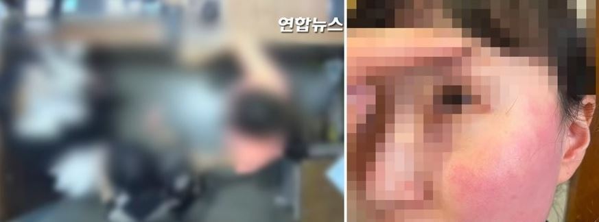 This blurred surveillance footage, obtained by Yonhap News TV from the victim's family on April 20, 2021, shows the scene of an incident in which the wife of Belgian Ambassador Peter Lescouhier allegedly assaulted two employees at a local clothing store. (Yonhap)