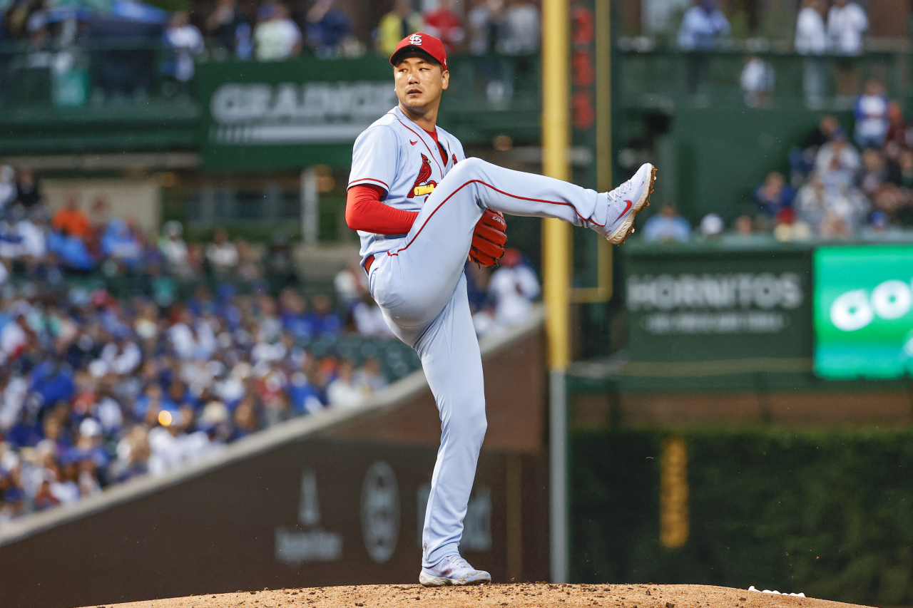 In this USA Today Sports photo via Reuters, Kim Kwang-hyun of the St. Louis Cardinals pitches against the Chicago Cubs in the bottom of the first inning of a Major League Baseball regular season game at Wrigley Field in Chicago on July 10, 2021. (USA Today)