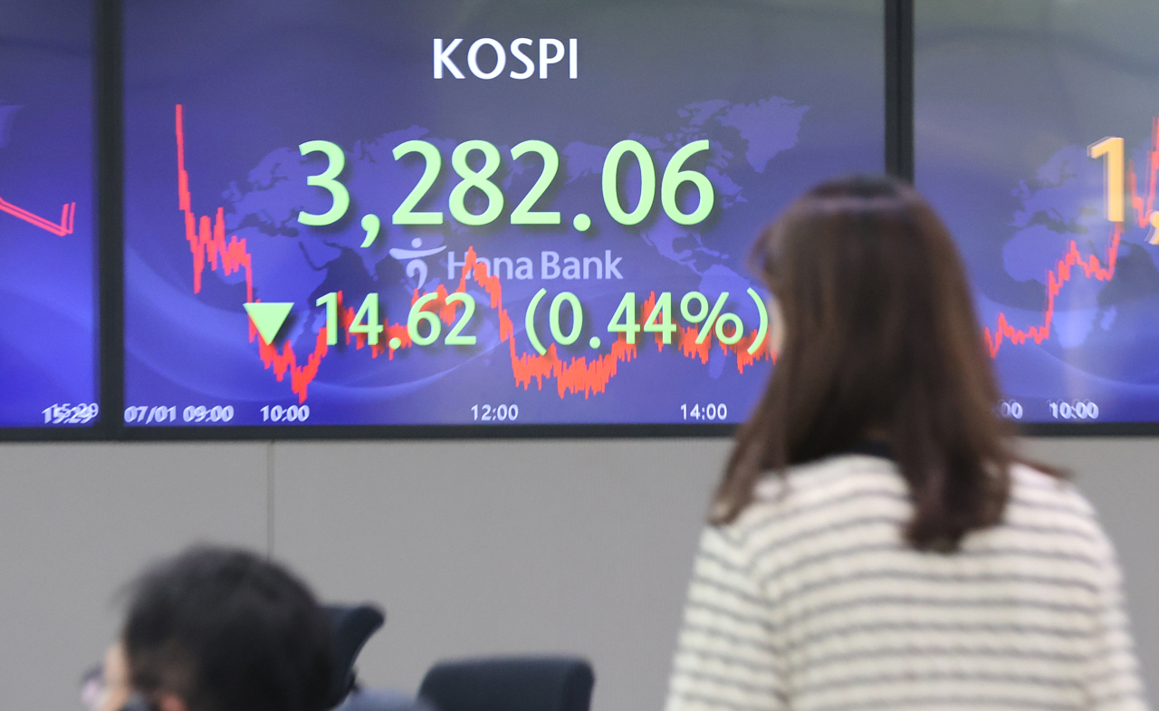 The benchmark Korea Composite Stock Price Index (Kospi) figures are displayed at a dealing room of a local bank in Seoul, Tuesday. (Yonhap)