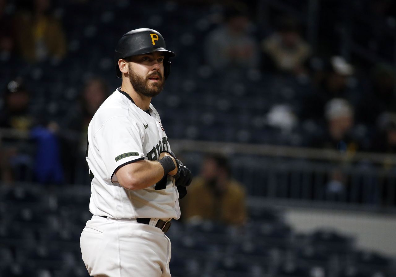 In this Getty Images file photo from May 15, 2021, Will Craig of the Pittsburgh Pirates reacts after striking out against the San Francisco Giants in the bottom of the seventh inning of a Major League Baseball regular season game at PNC Park in Pittsburgh. (Yonhap)