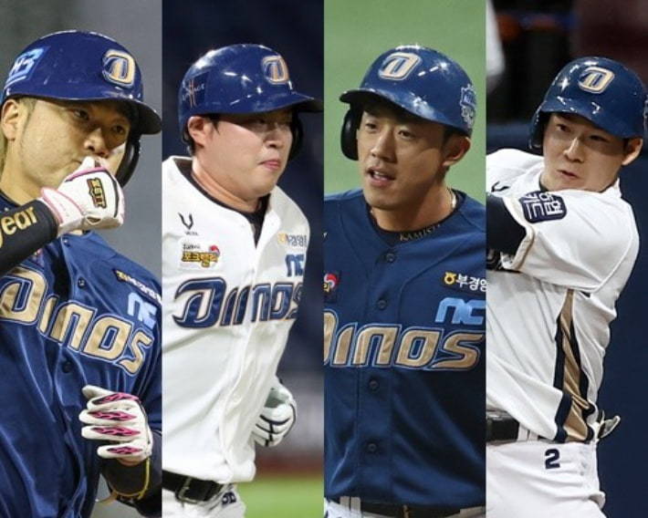 These file photos show four members of the NC Dinos baseball club who violated social distancing rules at the team road hotel on July 5, 2021. From left: Park Sok-min, Kwon Hui-dong, Lee Myung-ki and Park Min-woo. (Yonhap)