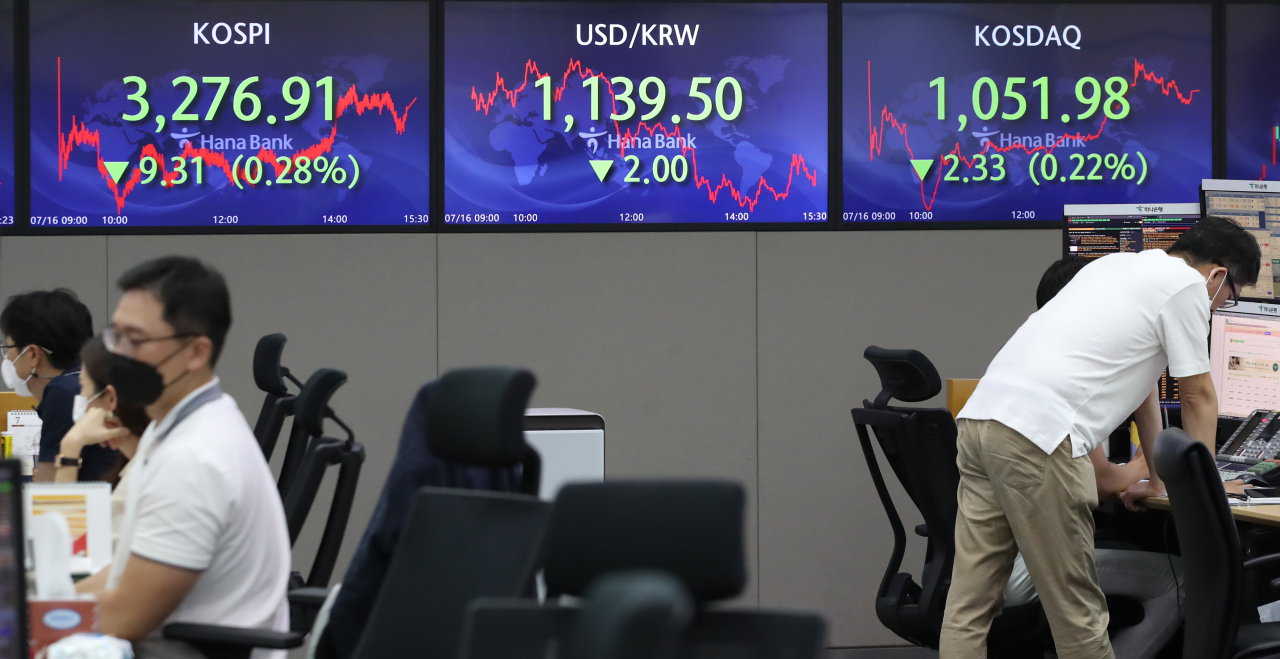 The benchmark Korea Composite Stock Price Index (Kospi) figures are displayed at a dealing room of a local bank in Seoul, Friday. (Yonhap)