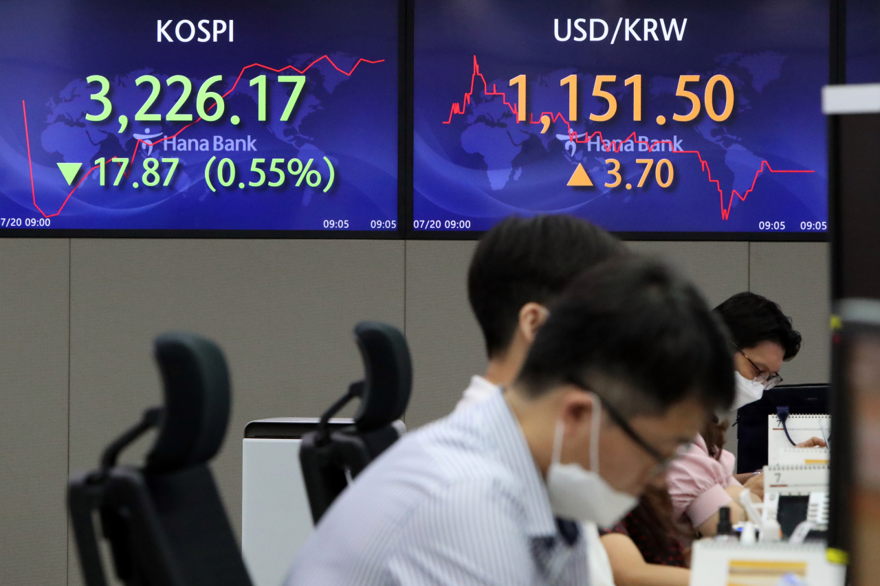 The benchmark Korea Composite Stock Price Index (Kospi) figures are displayed at a dealing room of a local bank in Seoul, Tuesday. (Yonhap)