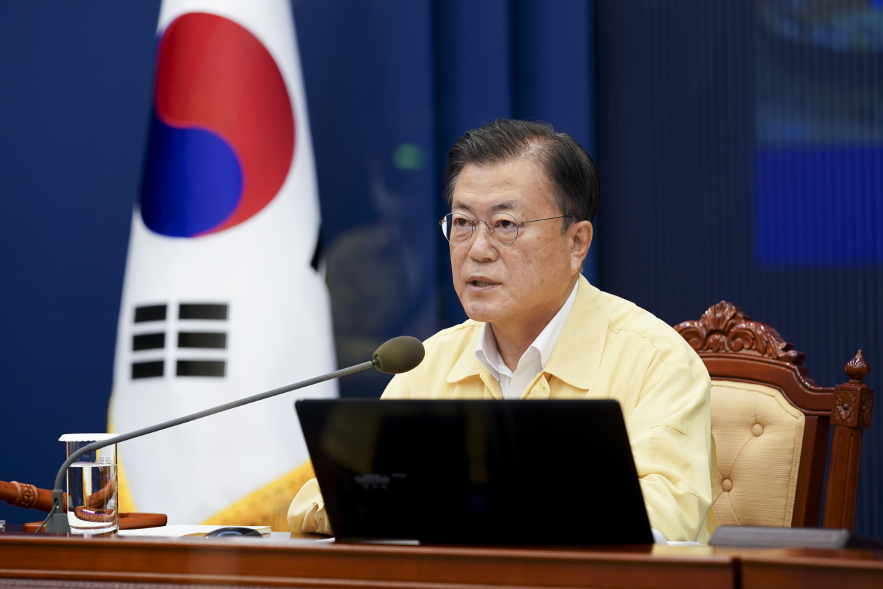 President Moon Jae-in speaks during a Cabinet meeting at Cheong Wa Dae on Tuesday, in this photo provided by his office. (Cheong Wa Dae)