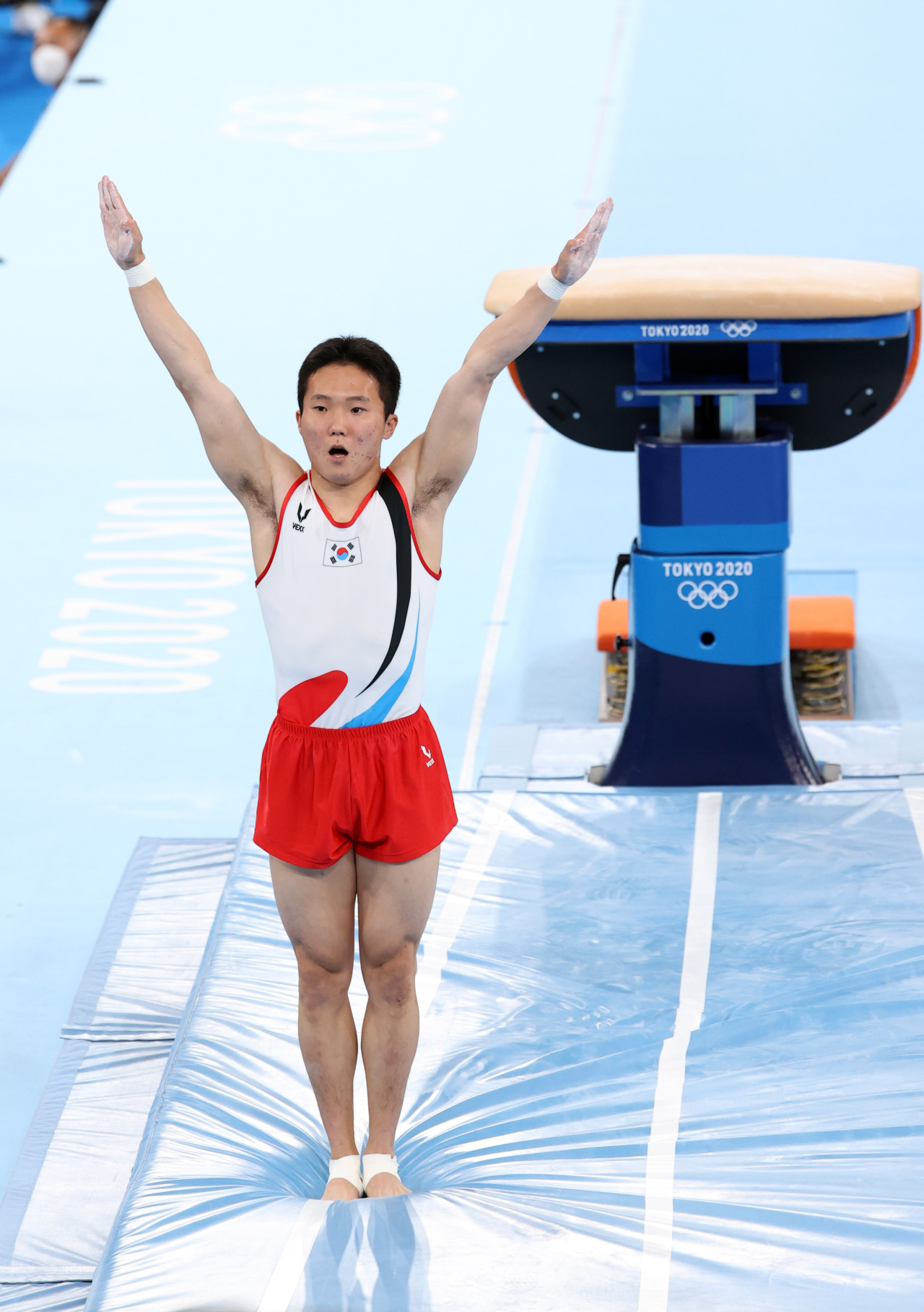 Gymnast Shin Jae-hwan lands after performing in the men's vault (Yonhap) 