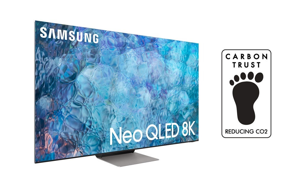 Samsung’s Neo QLED 8K TV and an image of Carbon Trust’s carbon footprint certificate. (Samsung)