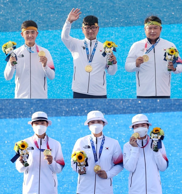 This composite photo shows South Korean archery gold medalists in the men's and women's team events from the Tokyo Olympics. Above, from left to right, Kim Je-deok, Kim Woo-jin and Oh Jin-hyek. Below, from left, An San, Jang Min-hee and Kang Chae-young. (Yonhap)