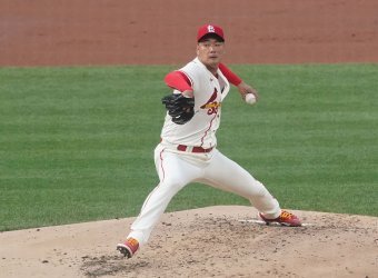 In this UPI photo, Kim Kwang-hyun of the St. Louis Cardinals pitches against the Kansas City Royals in the top of the second inning of a Major League Baseball regular season game at Busch Stadium in St. Louis on Saturday. (Yonhap)