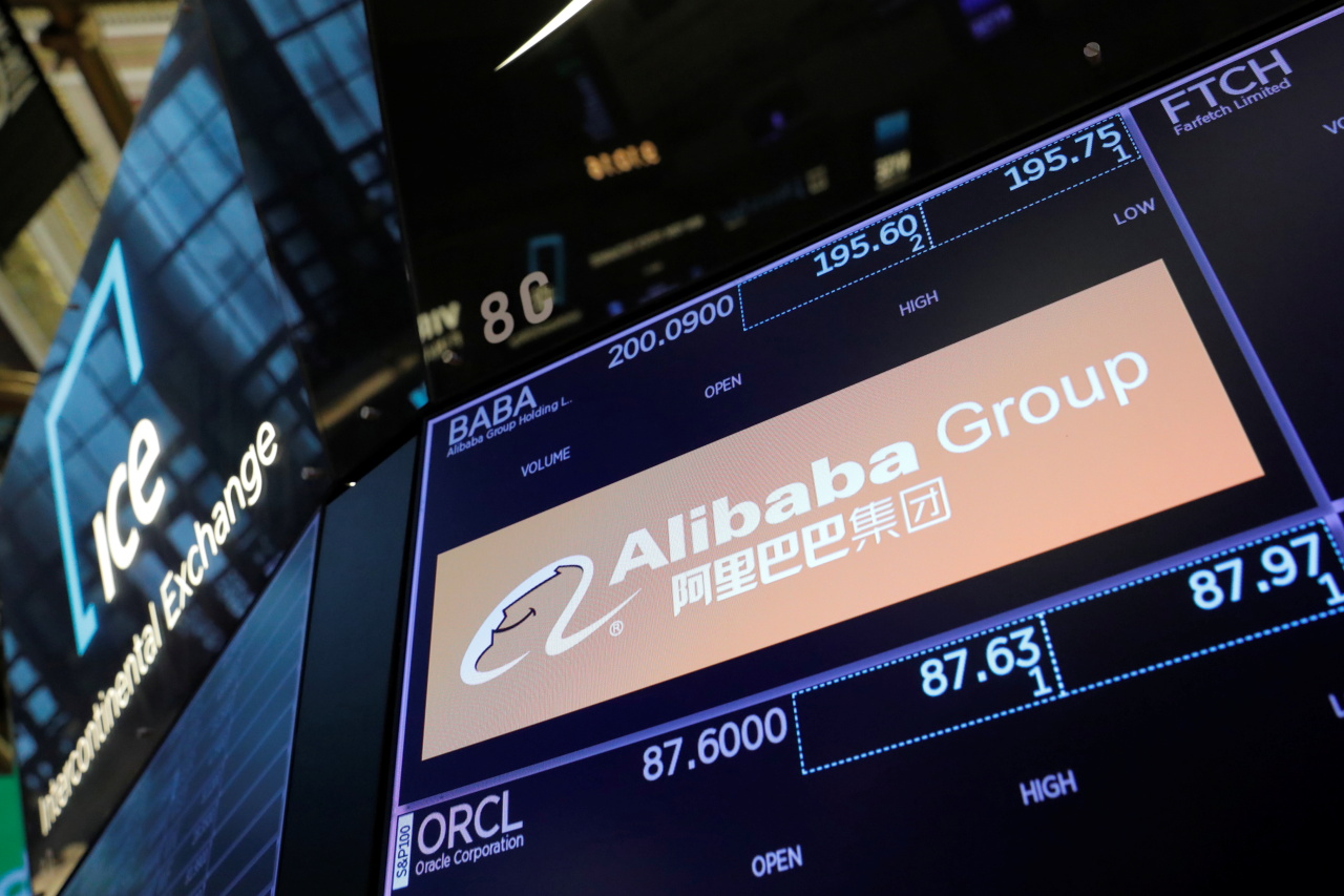 The logo for Alibaba Group is seen on the trading floor at the New York Stock Exchange on Aug. 3. (Reuters-Yonhap)