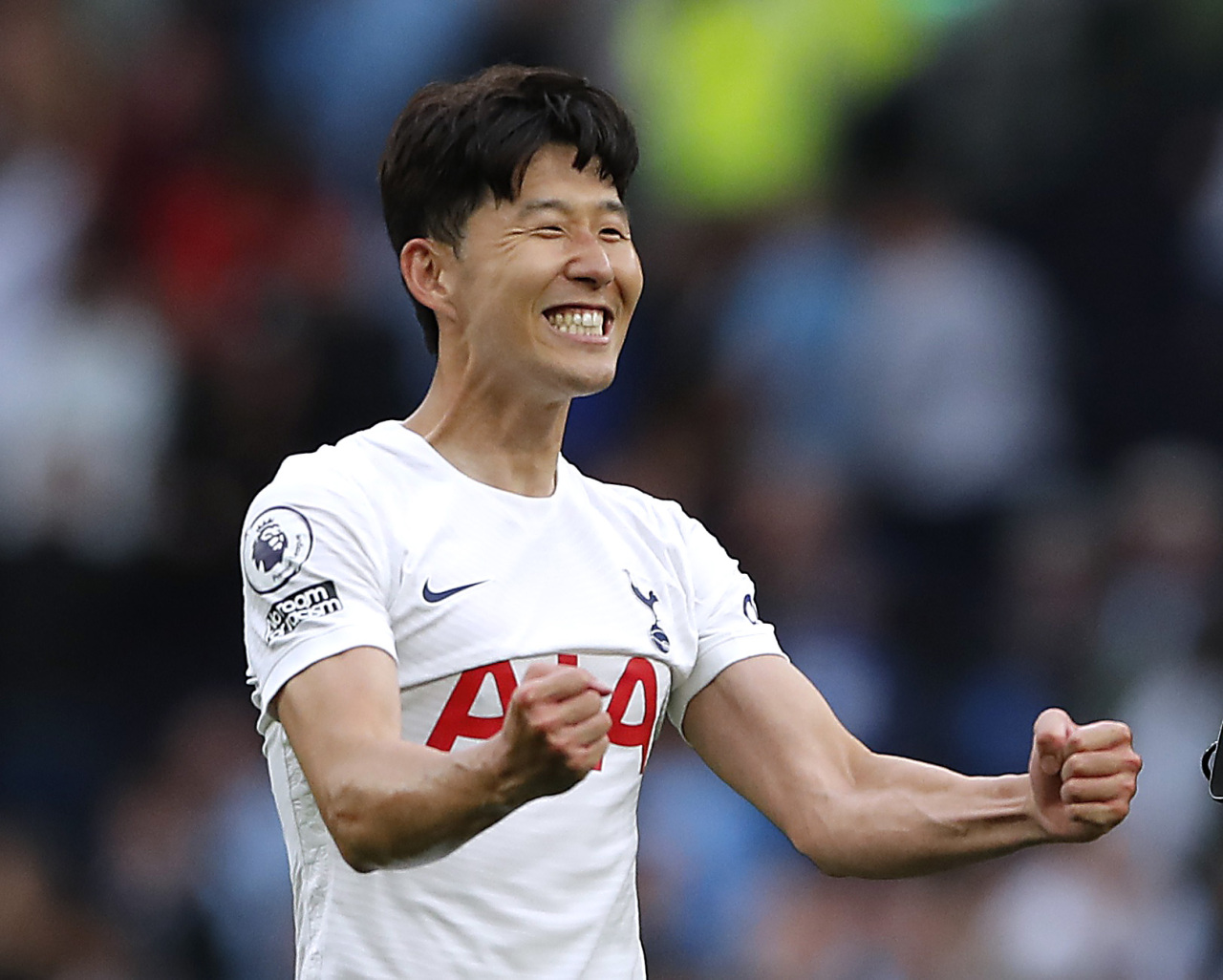 In this Action Images photo via Reuters, Son Heung-min of Tottenham Hotspur celebrates his club's 1-0 victory over Manchester City in a Premier League match at Tottenham Hotspur Stadium in London on Saturday. (Yonhap)