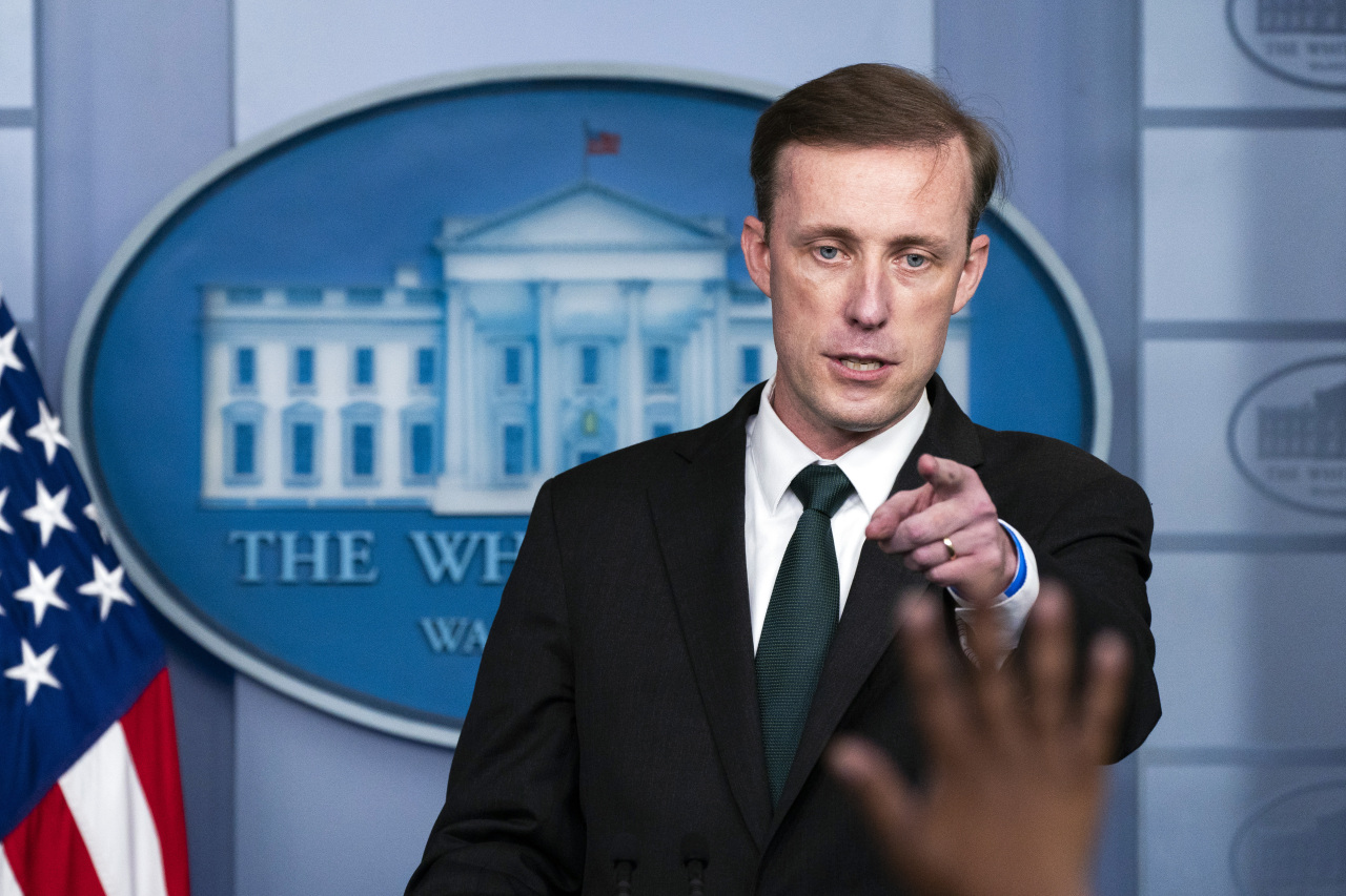 White House national security adviser Jake Sullivan speaks during a press briefing at the White House in Washington on Tuesday. (AP-Yonhap)