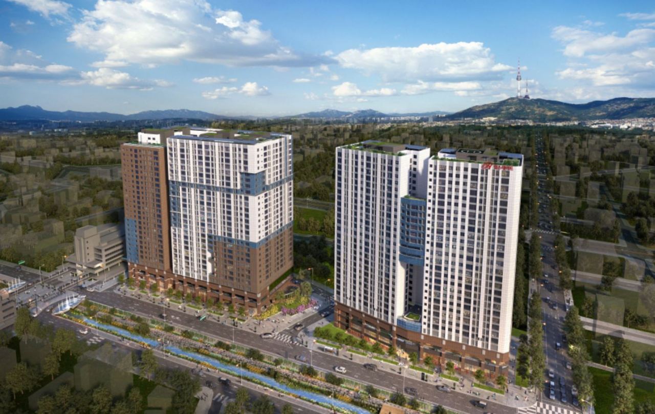 A promotional image of residential buildings of Hillstate brand under the ongoing Sewun redevelopment project, undertaken by Hyundai Engineering, in central Seoul. (Hyundai Engineering)