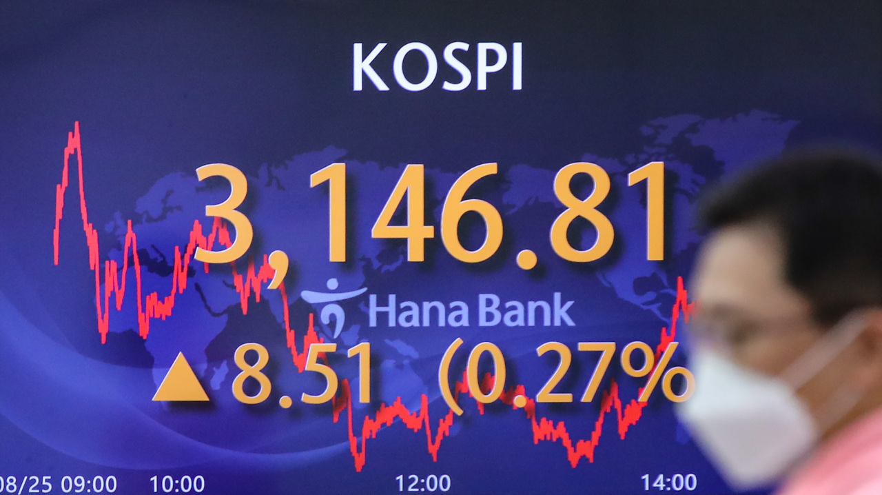 The benchmark Korea Composite Stock Price Index (Kospi) figures are displayed at a dealing room of a local bank in Seoul, Friday. (Yonhap)