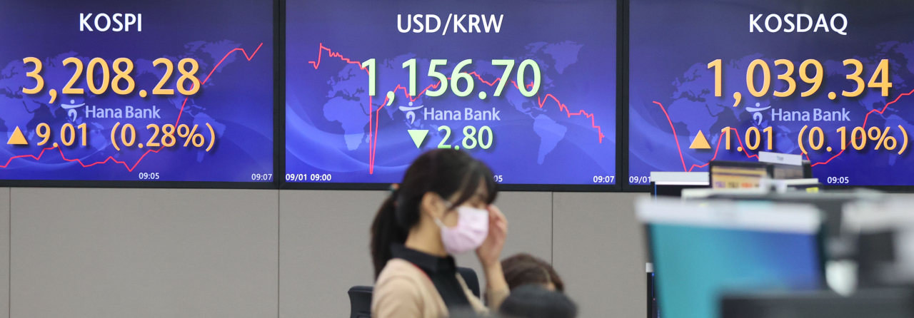 Les chiffres de référence de l'indice composite des prix des actions coréennes (Kospi) sont affichés mercredi dans la salle des marchés d'une banque locale à Séoul.  (Yonhap)