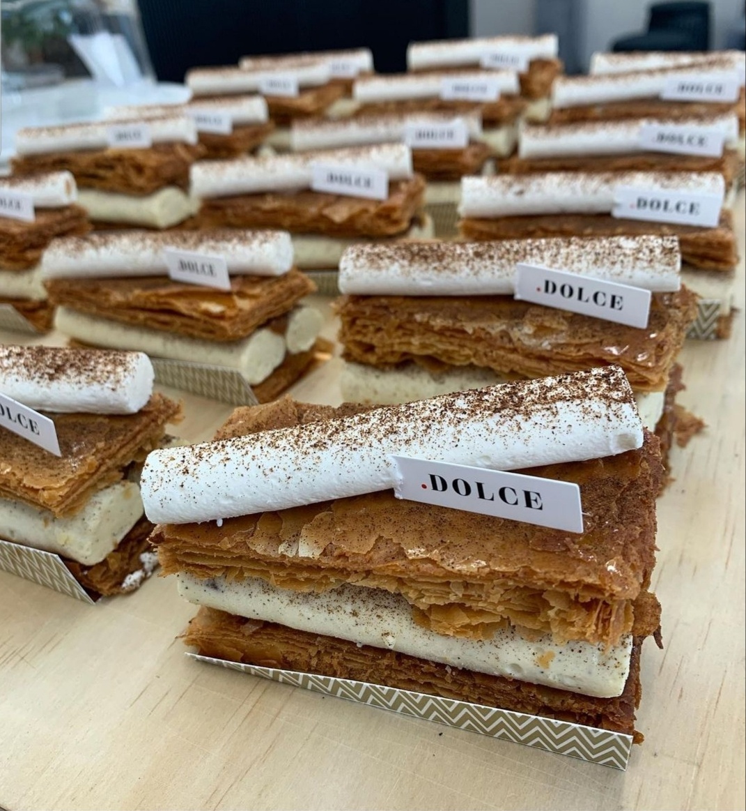Punto Dolce’s millefoglie, called diplomatica, features two stacks of impossibly thin layers of puff pastry that swaddle a lush filling of salted caramel and vanilla-rich cream. (Photo credit: Soojoo Kim)