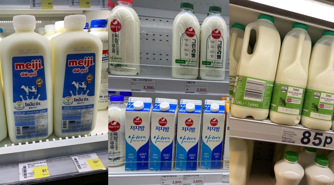 One liter of milk ranges between 2,600 won and 2,810 won at a supermarket in Seoul (left) while 2-liter cartons of milk are being sold at 91 bhat at a supermarket in Bangkok and two-pint bottles of milk at 85 pence at a supermarket in London. (Yim Hyun-su/The Korea Herald)